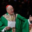 Cardinal Timothy M. Dolan of New York addresses Pope Francis at the conclusion of Mass at Madison Square Garden in New York Sept. 25. (CNS photo/Paul Haring)