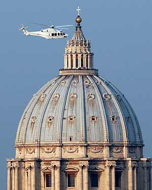  A helicopter carrying Pope Benedict XVI takes off from inside the Vatican on its way to the to the papal summer residence at Castel Gandolfo, Italy, Feb. 28, the final day of his papacy. (CNS photo/Stefano Rellandini, Reuters)