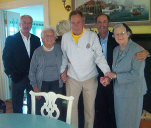 Franciscan Sr. Camille Kliebhan reunites with her longtime friends Barbara and George Bush during a “magical day” arranged by another friend, Joe Sweeney. Sweeney, a local businessman, arranged for Sr. Camille to visit her friend, Barbara Bush in Maine recently. Pictured with the Bushes and Sr. Camille are Chris Doerr, co-owner of Sterling Aviation and Joe Sweeney. (Submitted photo courtesy Joe Sweeney)