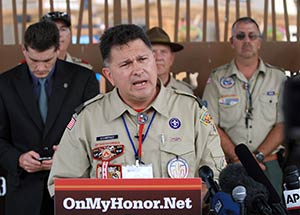 John Stemberger, an Eagle Scout and founder of OnMyHonor.Net, a coalition opposed to allowing open homosexuality in the Boy Scouts of America, addresses the media May 23 in Grapevine, Texas, after the Scouts voted on allowing openly gay members to join the Boy Scouts of America May 23 . (CNS photo/Ben Torres, The Texas Catholic)