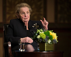 Former U.S. Secretary of State Madeleine Albright answers questions from Georgetown University students in Washington April 7 about the future challenges for religion, peace and world affairs. (CNS photo/Tyler Orsburn)