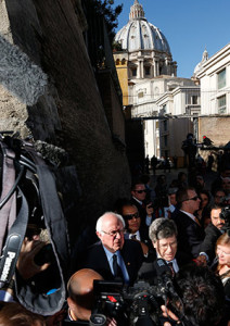 Sen. Bernie Sanders, D-Vt., a U.S. presidential candidate, speaks to media outside the Vatican after delivering an address at a conference on Catholic social teaching April 15. The Vatican conference was dedicated to St. John Paul II's 1991 social encyclical "Centesimus Annus" and was sponsored by the Pontifical Academy of Social Sciences and the Institute for Advanced Catholic Studies. (CNS photo/Paul Haring)