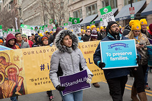 Parishioners from Our Lady of Sorrows Catholic Church in Takoma Park, Md., march during the March for Life in Washington Jan. 22, the 43rd anniversary of the U.S. Supreme Court's Roe v. Wade decision legalizing abortion. (CNS photo/Jaclyn Lippelmann, Catholic Standard)