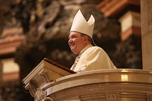 Archbishop Bernard A. Hebda smiles as he delivers the homily during his installation Mass May 13 at the Cathedral of St. Paul in St. Paul, Minn. Coadjutor archbishop of Newark, New Jersey, since 2013, Archbishop Hebda also has been apostolic administrator of the Minnesota archdiocese since last June. (CNS photo/Dave Hrbacek, The Catholic Spirit)