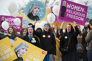 Women religious and others demonstrate against the Affordable Care Act's contraceptive mandate March 23 near the steps of the U.S. Supreme Court in Washington. The court heard oral arguments in the Zubik v. Burwell mandate case. (CNS photo/Jaclyn Lippelmann, Catholic Standard)