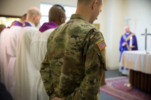New Army chaplains attend a March 14 morning Mass in a small chapel at Fort Jackson in Columbia, S.C., where they are training at the U.S. Army's Chaplain Basic Officer Leader Course. (CNS photo/Chaz Muth)