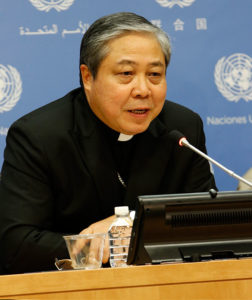 Archbishop Bernardito Auza, Vatican nuncio to the United Nations, addresses journalists prior to a conference on human trafficking April 7 at the U.N. in New York City. The conference, co-hosted by the Holy See mission to the U.N. and the Vatican-led Santa Marta Group, addressed global efforts to end human trafficking and modern slavery by 2030. (CNS photo/Gregory A. Shemitz)