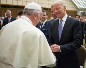 Pope Francis greets U.S. Vice President Joe Biden after both spoke at a conference on adult stem cell research at the Vatican April 29. (CNS photo/L’Osservatore Romano, handout) 