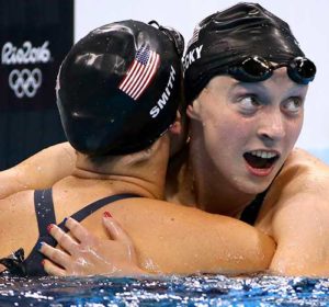 Katie Ledecky reacts after setting a new world record in the 400-meter freestyle final Aug. 7 during the Summer Olympics in Rio de Janeiro. (CNS photo/David Gray, Reuters)
