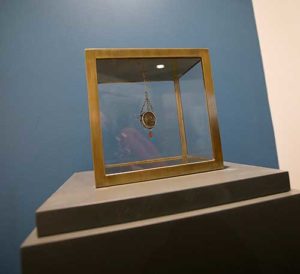A relic of St. Thomas More’s tooth and jaw bone is seen through in a glass case at the St. John Paul II National Shrine in Washington Sept. 15. An exhibit of artifacts associated with the saint will be open daily at the shrine until March 31, 2017. (CNS photo/Tyler Orsburn) 