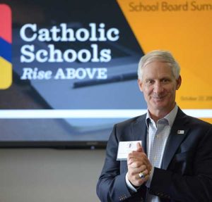 James B. Sellinger, chancellor for education for the Archdiocese of Baltimore, speaks at the archdiocese’s second annual Leadership Summit for Catholic school board members Oct. 22 at Loyola University Maryland in Baltimore. (CNS photo/Kevin J. Parks, Catholic Review)