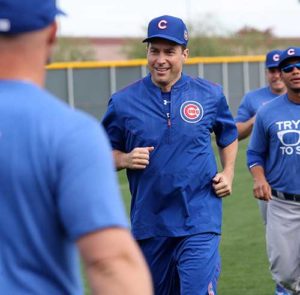 Fr. Burke Masters, Chicago Cubs’ chaplain, takes part in a practice with players during spring training in March 2016 at Sloan Park in Mesa, Ariz. Cubs Manager Joe Maddon invited Fr. Masters to practice with the team. (CNS photo/Ed Mailliard, courtesy Topps)