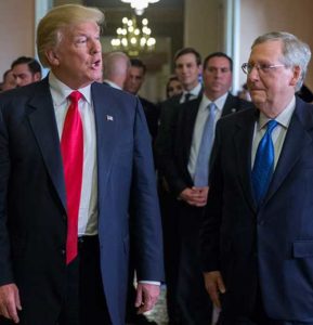 President-elect Donald Trump is seen with Senate Majority Leader Mitch McConnell, R-Kentucky, in Washington, Nov. 10. Pope Francis said he would make no judgments about the United State’s president-elect and was interested only in the impact his policies would have on poor people. (CNS photo/Shawn Thew, EPA)
