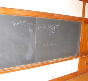 A message in chalk reading, “Thank you God for all the blessings!” XOXO Good bye school, was left on one of the chalkboards in a classroom at the former St. Mary’s Academy, St. Francis. The message was photographed May 28 during a closing ceremony called the Marian Center Ritual of Gratitude. (Catholic Herald photo by Ricardo Torres)