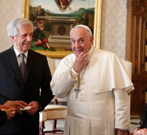 Pope Francis meets Uruguay’s President Tabare Vazquez, second from left, during a private audience at the Vatican Dec. 2. Also pictured is the president’s wife, Maria Auxiliadora Delgado. (CNS photo/Paul Haring)